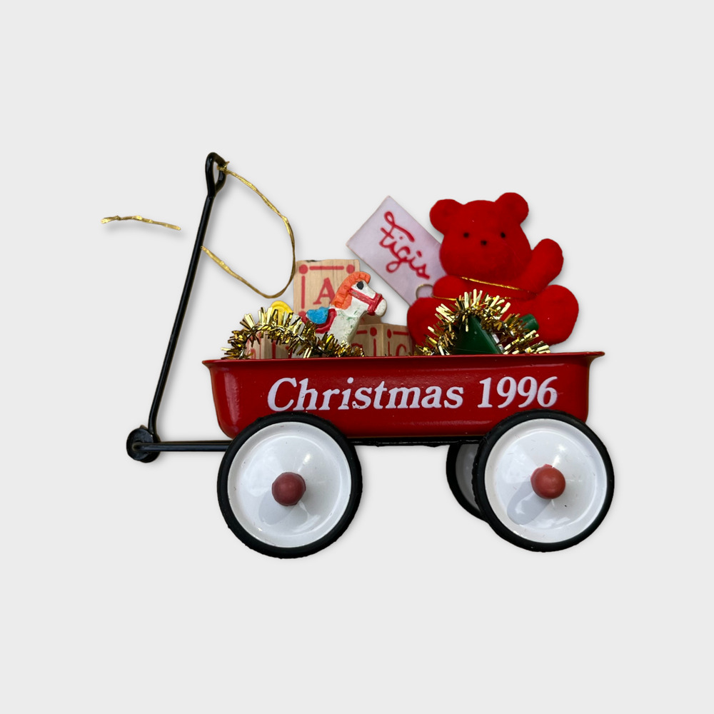 Figis Vintage 1996 Red Flocked Teddy Bear Coaster Wagon Christmas Ornament